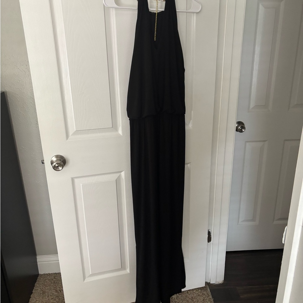 Women’s Black Halter Floor Length Dress with Gold Collar - Picture 2 of 3